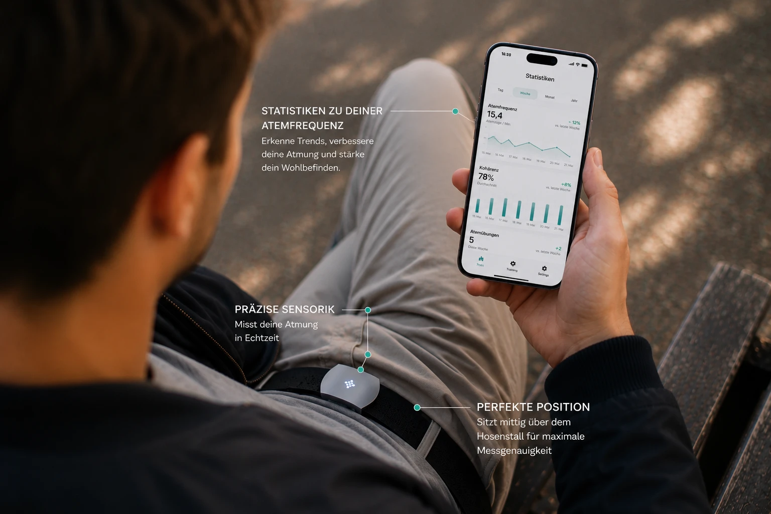 App zeigt die gemessenen Atem-Werte des Deep Breath Atemgürtels